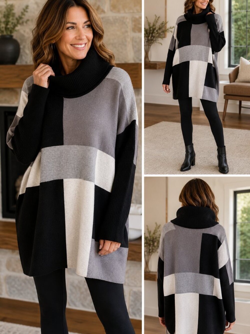 JOSEPH A. Color Block Cowl Neck Tunic Sweater Gray Black White Size M